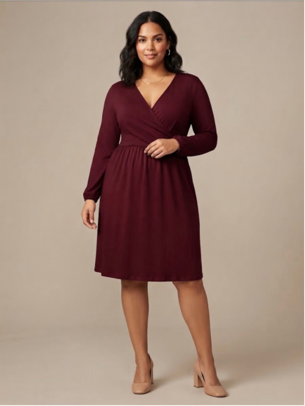 Women's Midi Faux Wrap Dress Burgundy Size L Long Sleeve